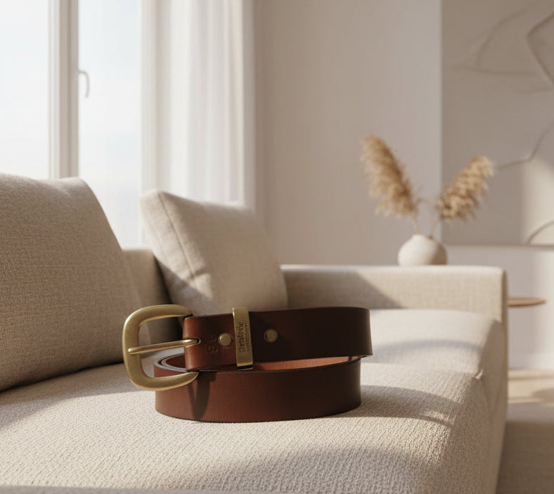 A brown full-grain leather belt with a metal buckle, displayed against a white background.