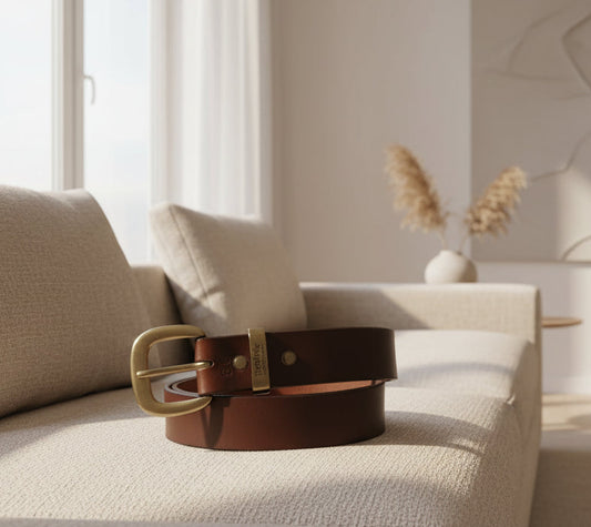 A brown full-grain leather belt with a metal buckle, displayed against a white background.